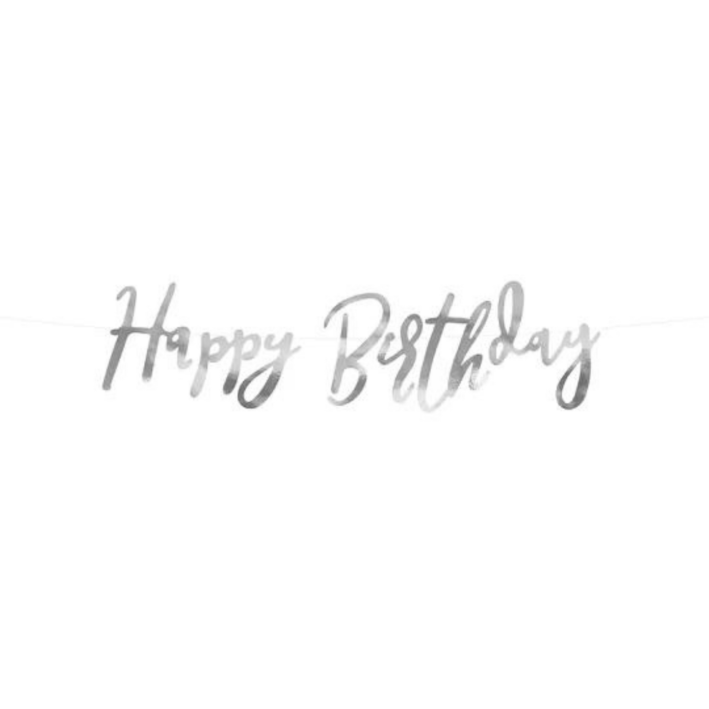 happy birthday banner in silver foil