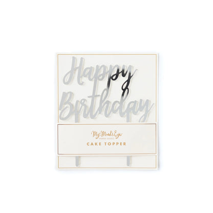 silver acrylic 'happy birthday' cake topper in boxed package