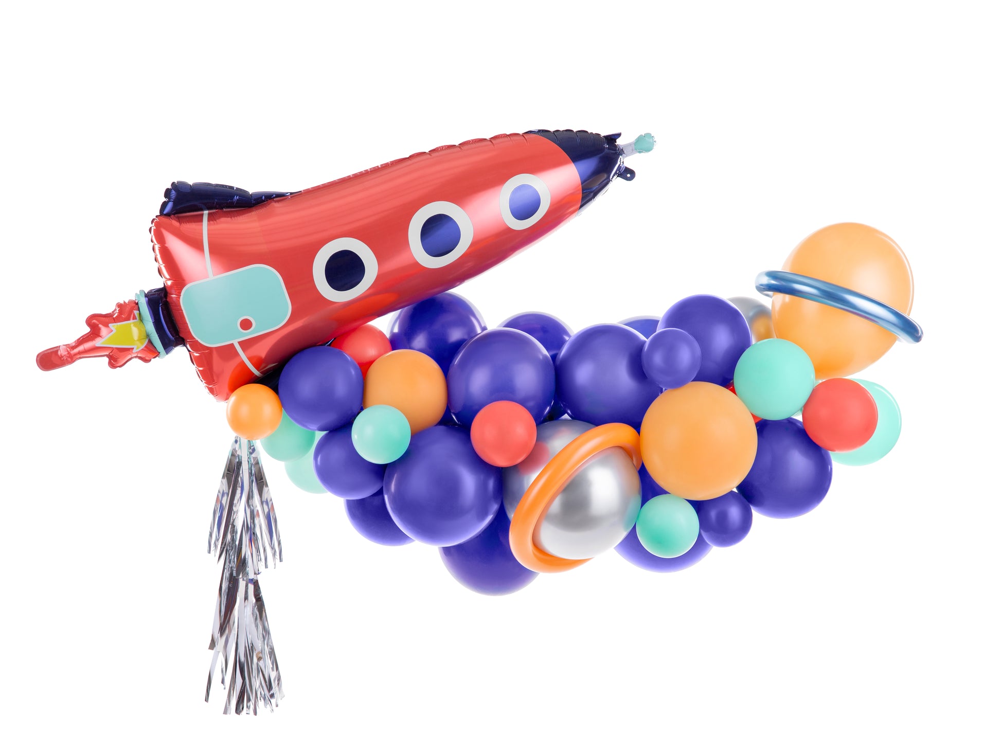 SILVER TASSEL USED WITH A MINI BALLOON GARLAND AND SPACESHIP 