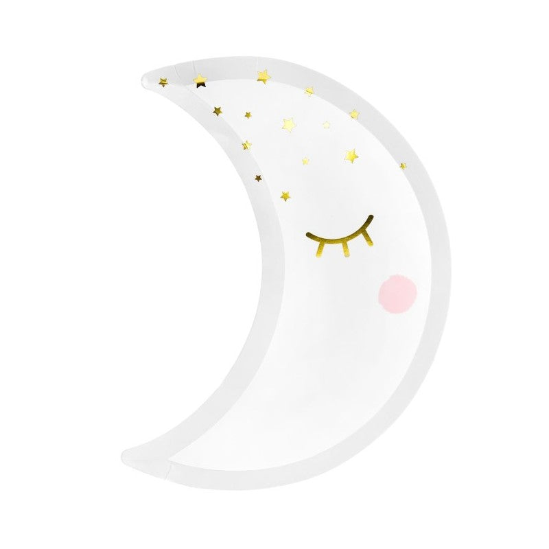 crescent moon shaped paper plate with gold foil accents