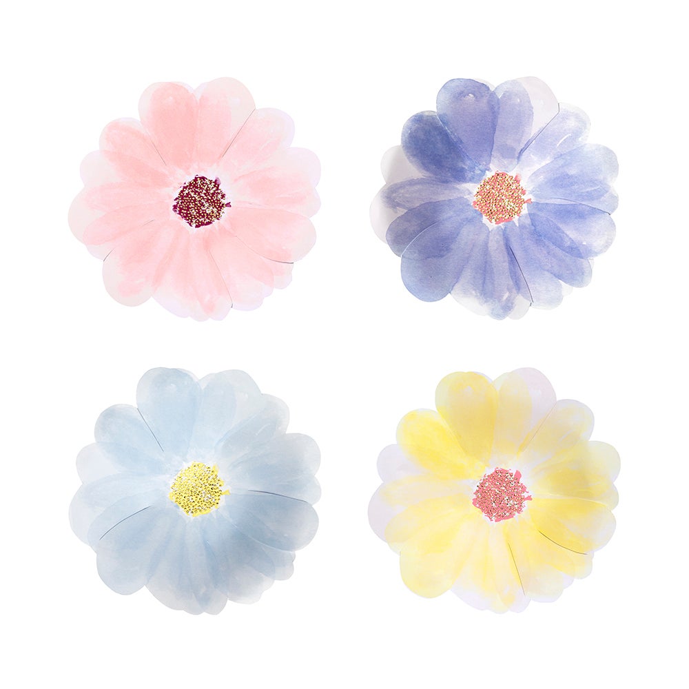 4 flower shaped plates in soft pink, purple, blue and yellow