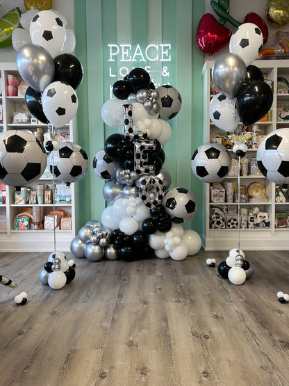 soccer ball balloon package deal - including balloon garland, helium floor bundles and table top centrepieces 