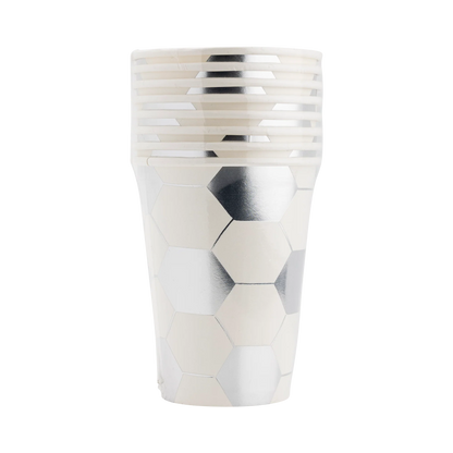 white and silver soccer paper cups