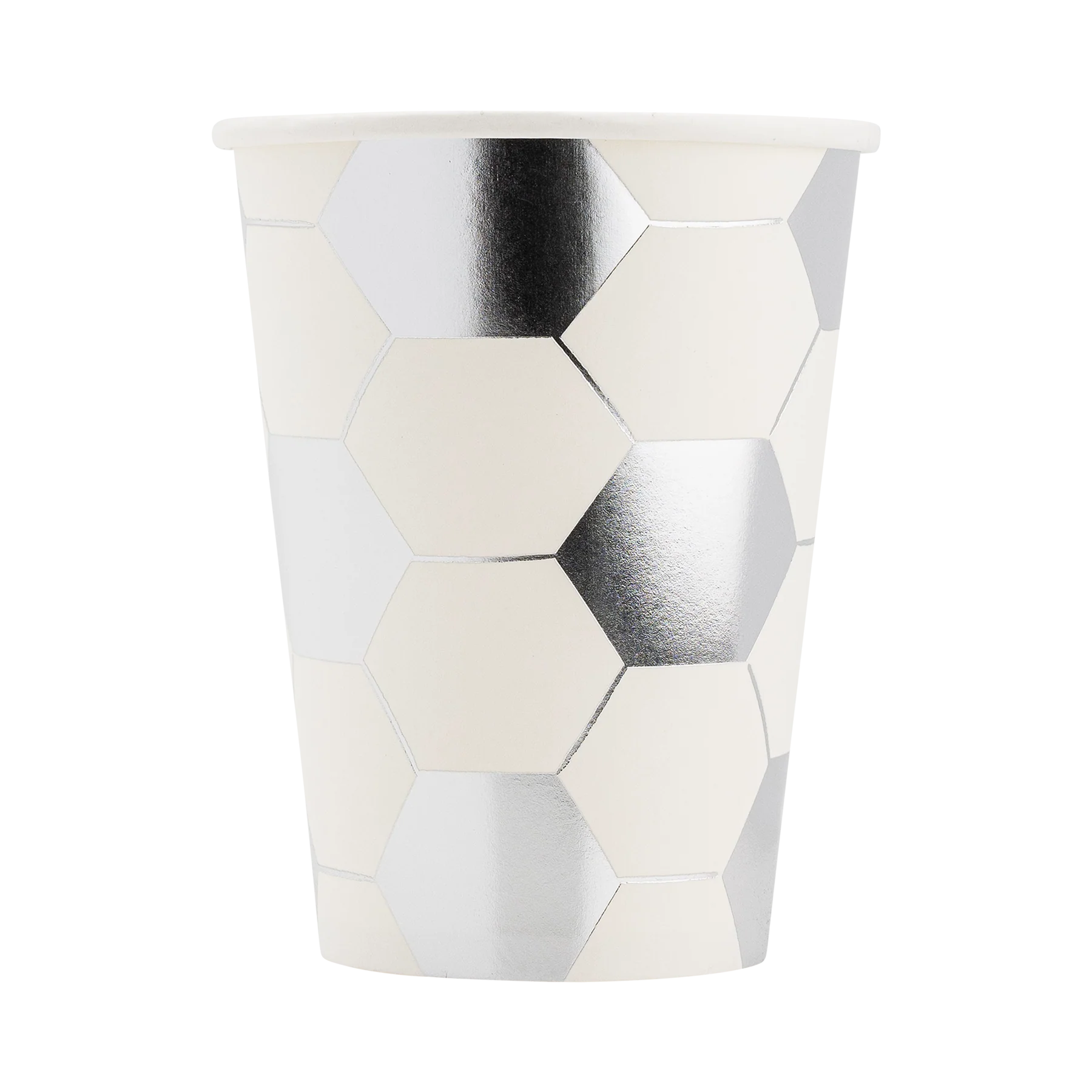 white and silver soccer paper cups