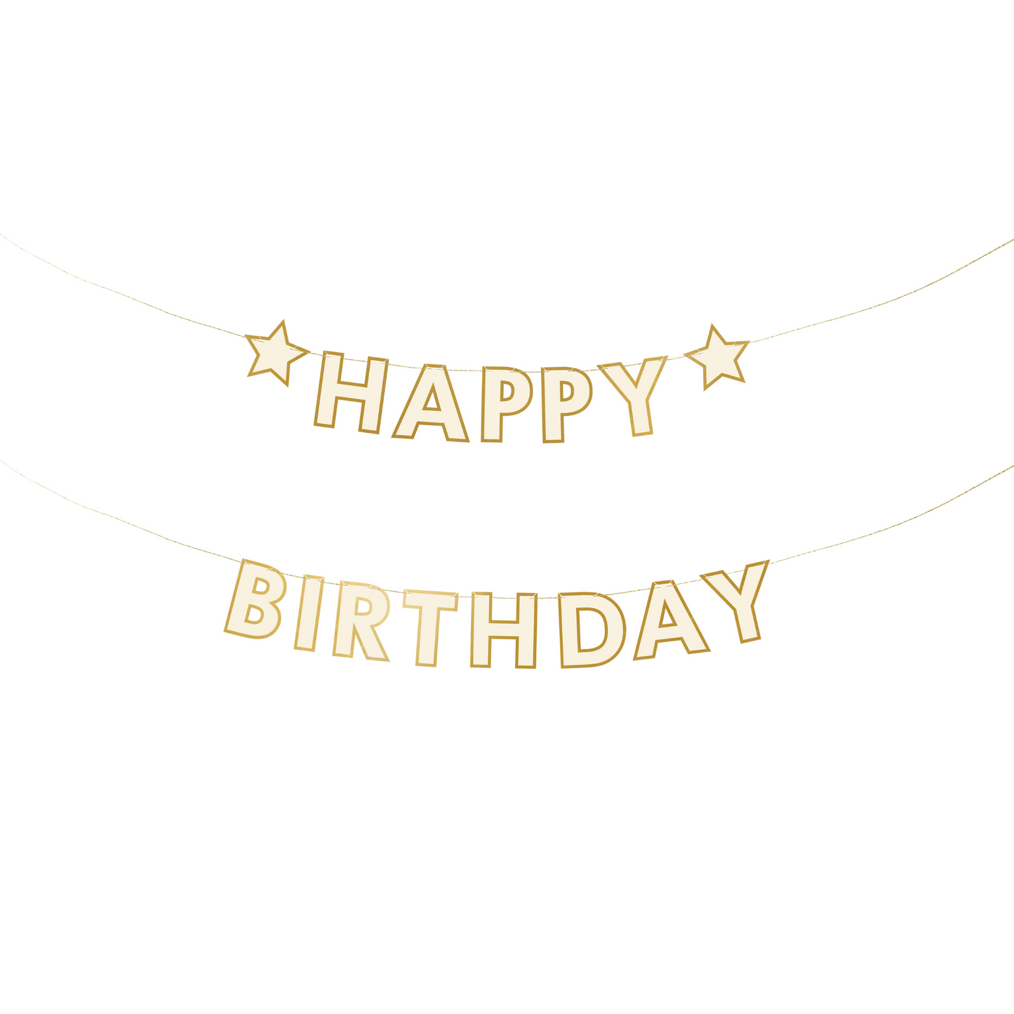 Off-white "Happy Birthday" banner with gold outline and two star accents.