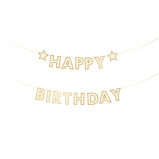 Off-white "Happy Birthday" banner with gold outline and two star accents.