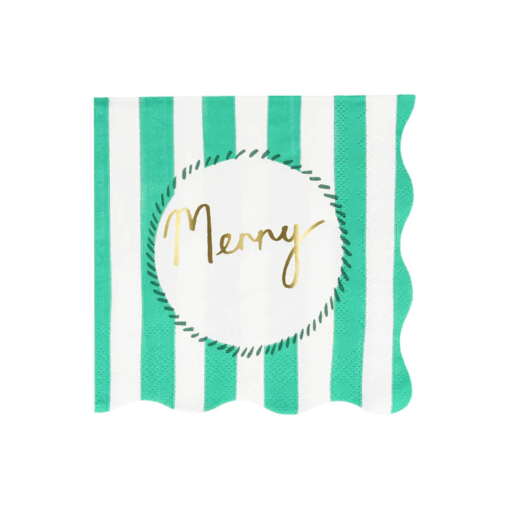 festive stripe small napkins by merri merri 4 designs in 4 colours. Merry,Jingle,Jolly and Fa la la script