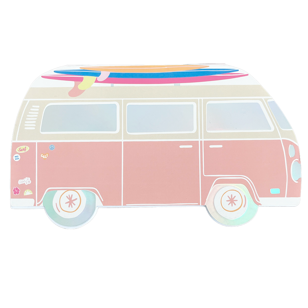 large surf van shaped paper plates with holographic silver details 