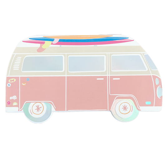 large surf van shaped paper plates with holographic silver details 