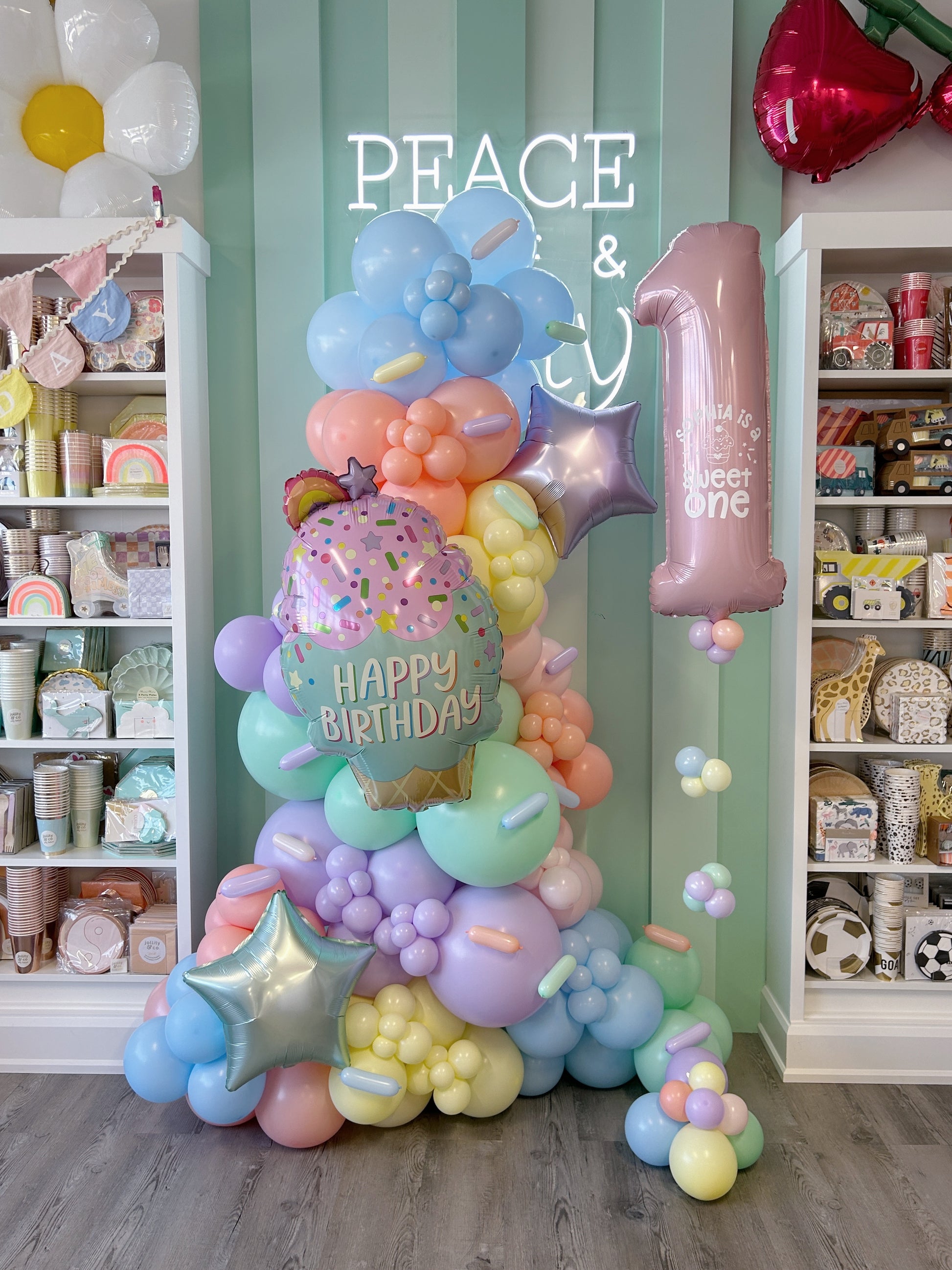 sweet one balloon garland with star, confetti and ice cream details 