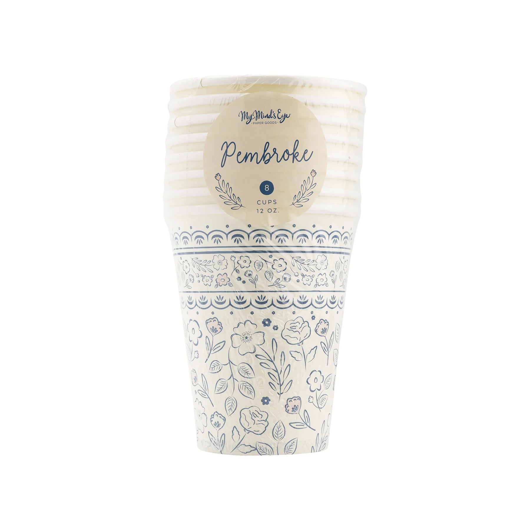 set of 8 oz paper cups with blue floral pattern stacked in clear plastic wrapping