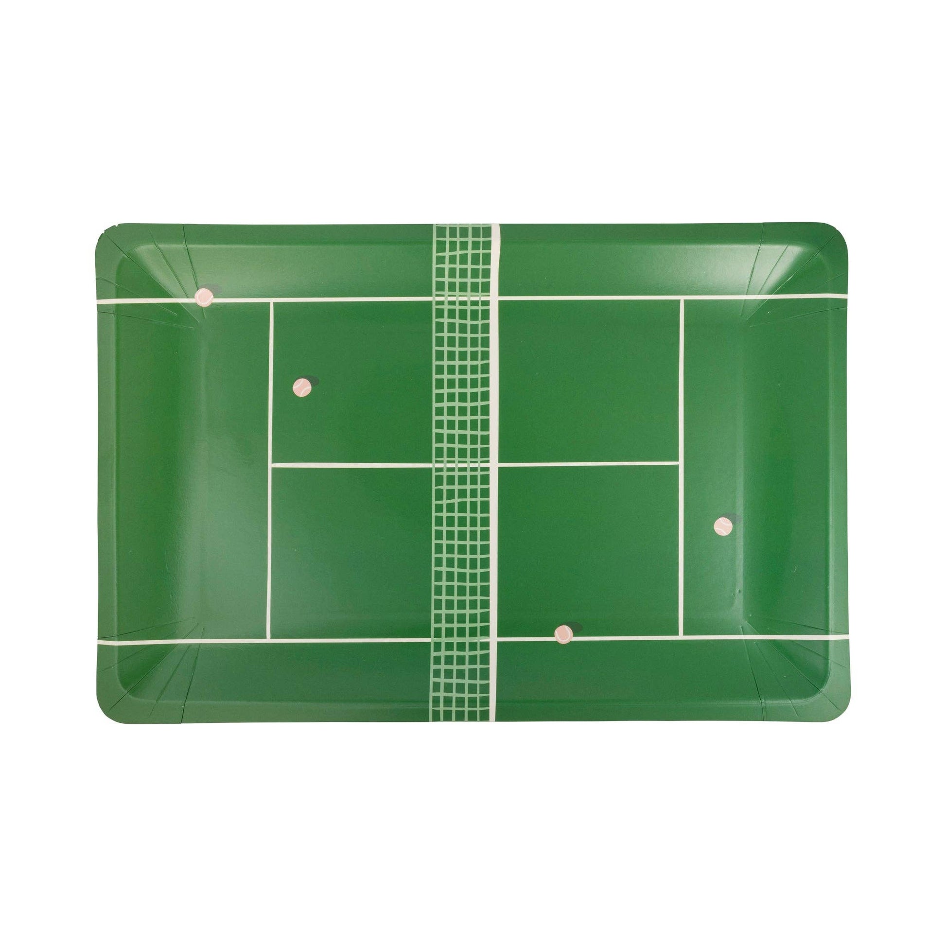 green tennis court shaped paper plates with pink tennis balls and tennis net