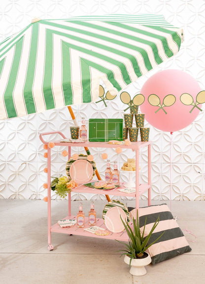 tennis ball pink paper plate setup on bar cart with all the items from the tennis collection by My Minds Eye