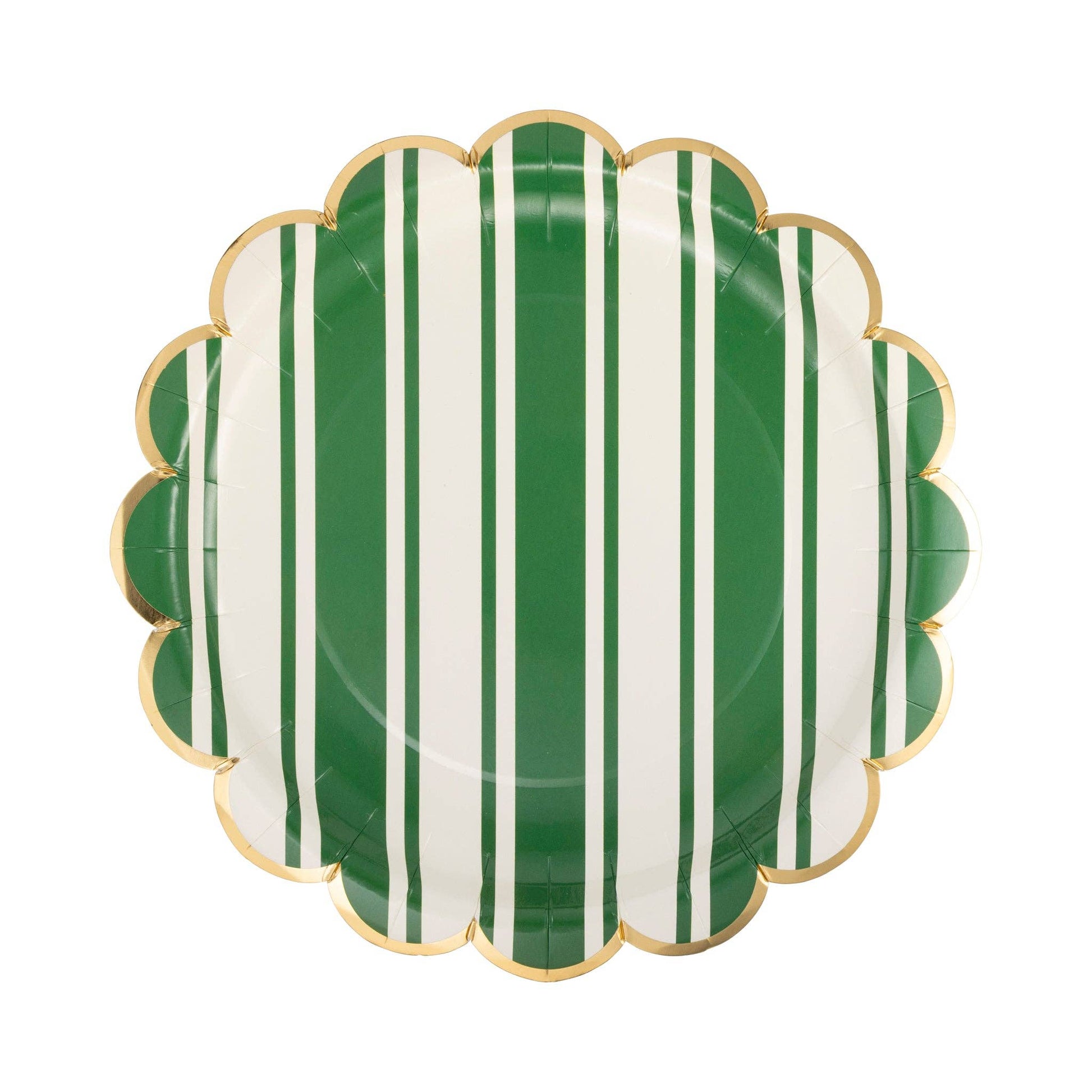 green and white striped plate with a gold foil rippled edge