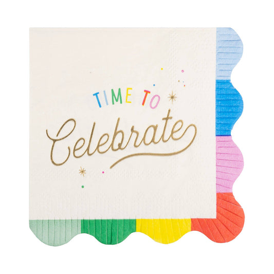 'time to celebrate' gold script colourful fringe cocktail napkins - pack of 18