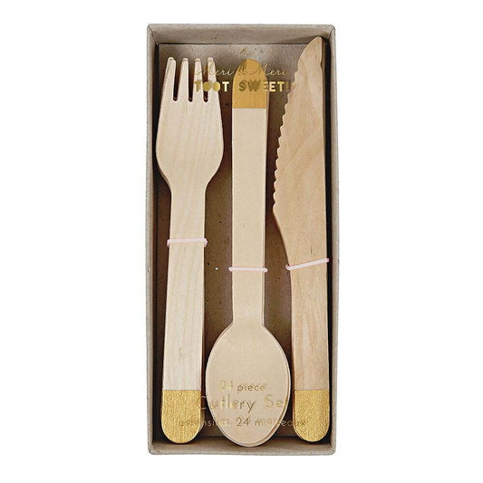 24-piece wooden cutlery set with gold-dipped ends