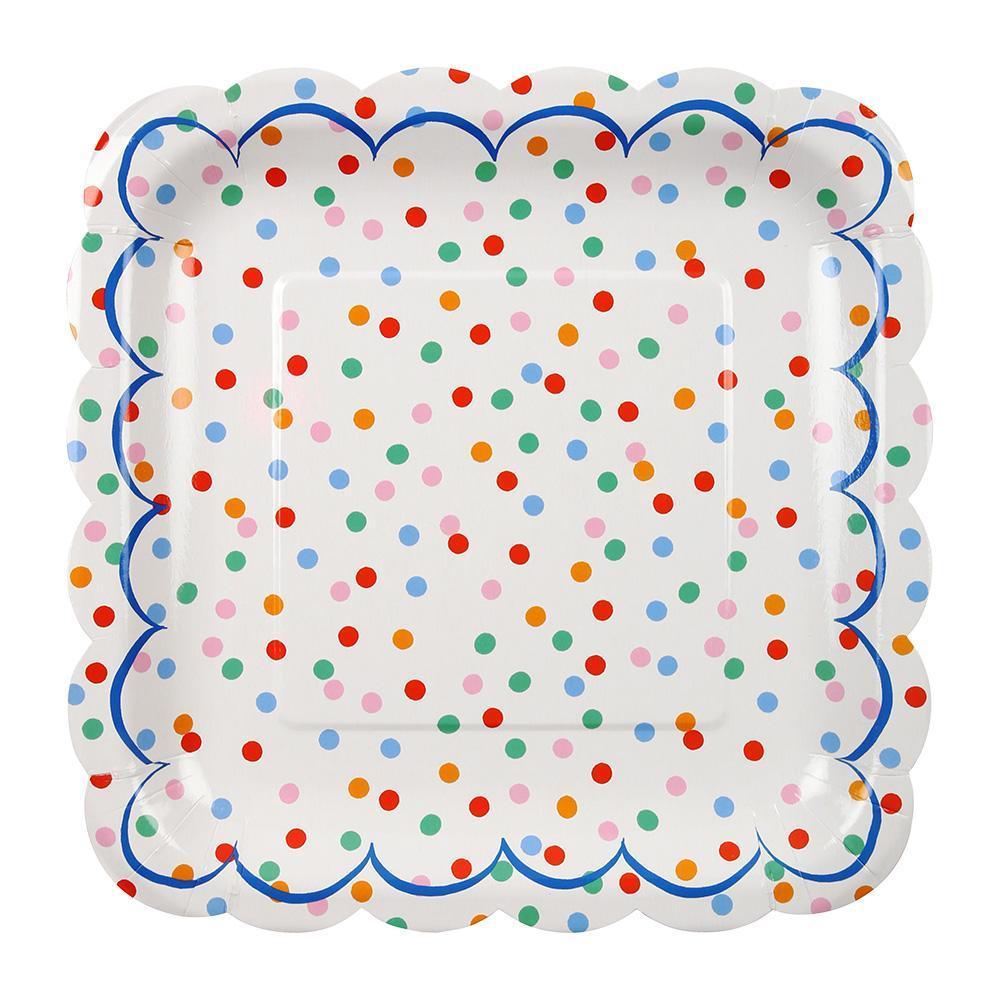 square plate with scalloped edge and multicoloured polka dots