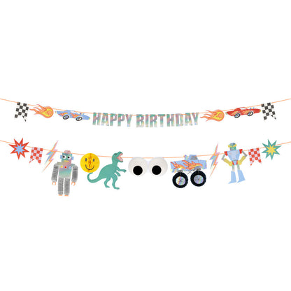 toybox icon ' happy birthday' hanging banner by meri meri with monster truck, check flag, race car, t-rex, robot, firecracker + happy face icons 