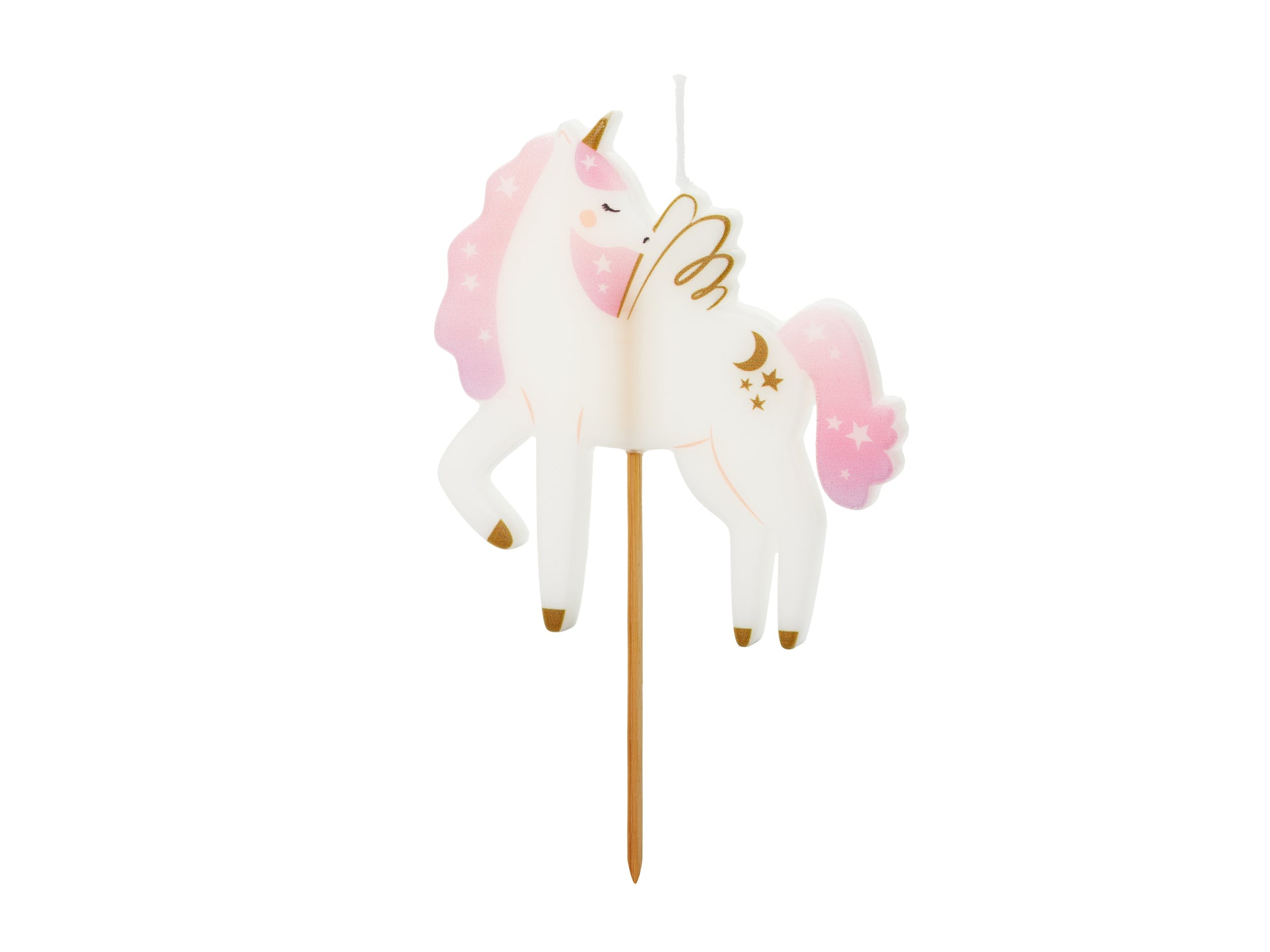 unicorn shaped birthday candle with gold accents 