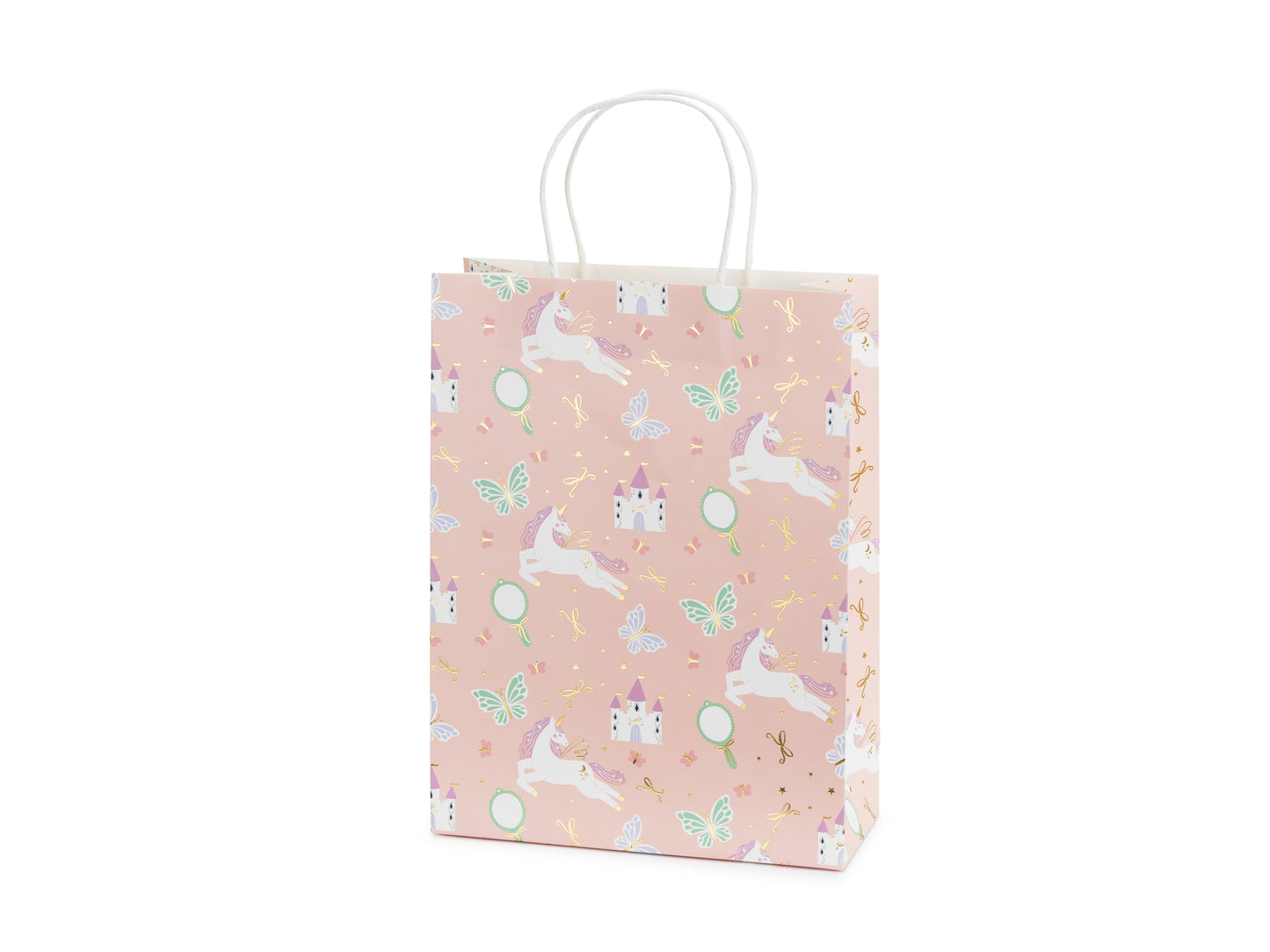 unicorn gift bag with unicorns, butterflies, bows and castle icons 