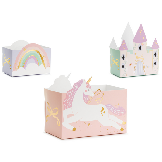 unicorn party snacks boxes in 3 designs ( rainbow, unicorn & princess castle) 