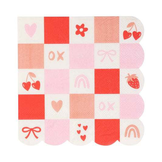 valentines check scalloped cocktail napkins featuring: cherries, bows, hearts, strawberries and xo icons 