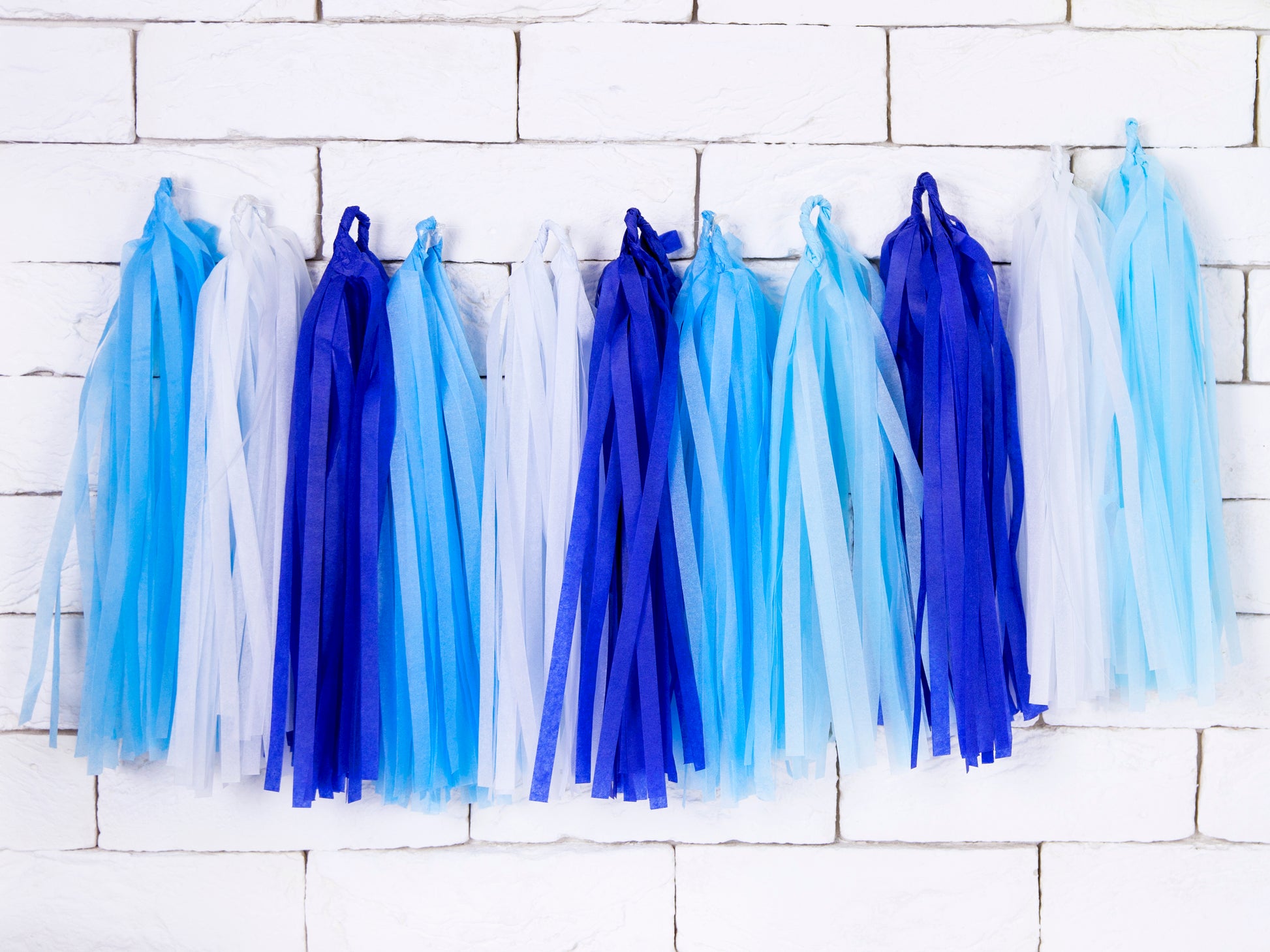 blues and white tissue paper garland tassel