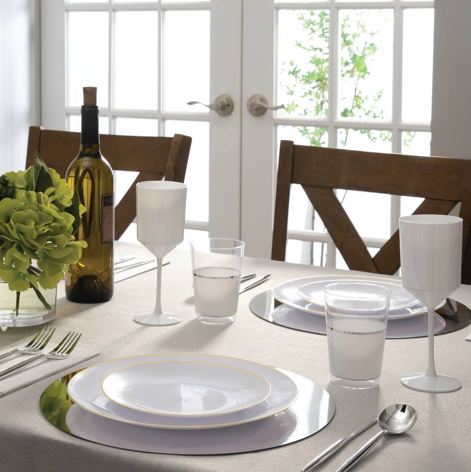 white reusable plate setting