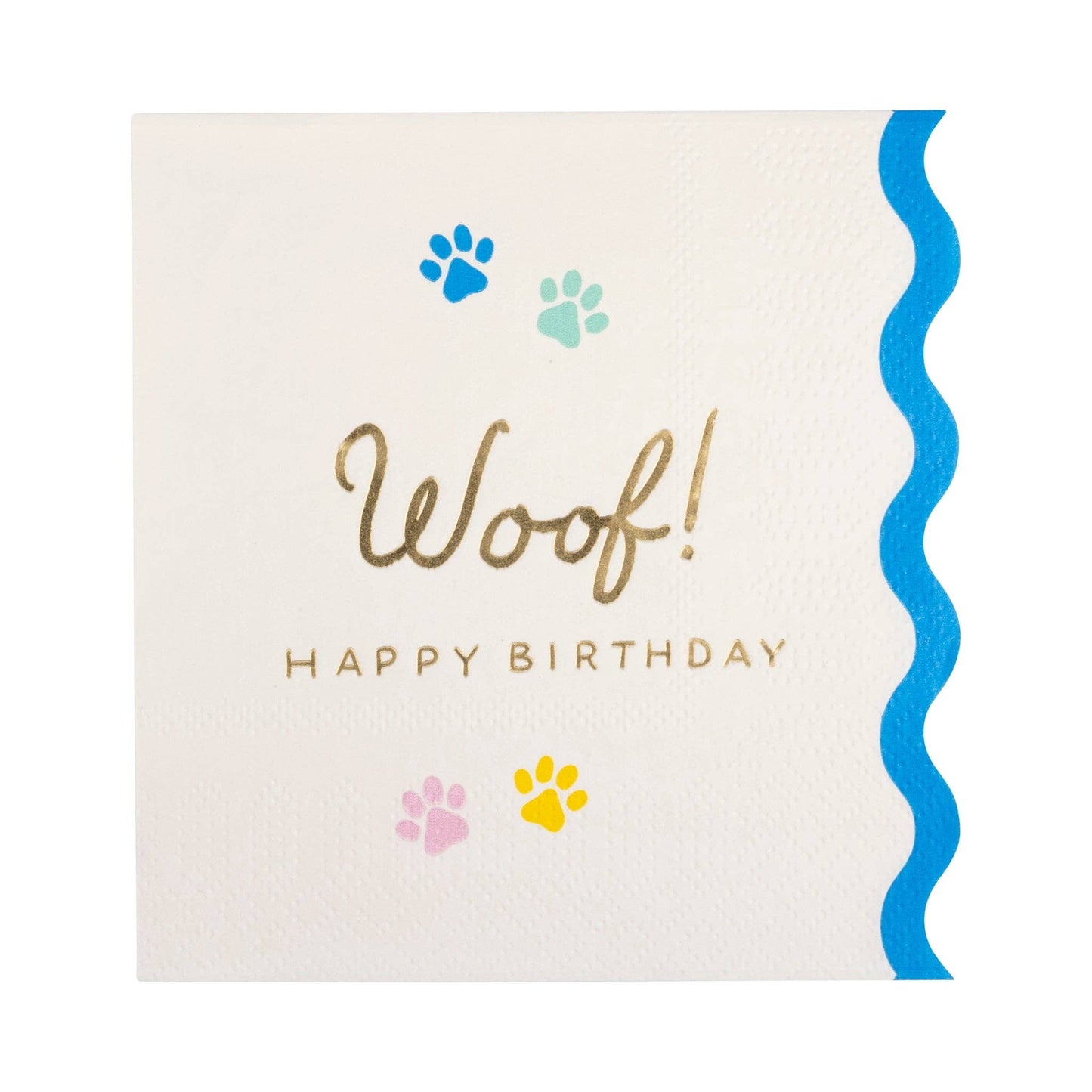 woof! happy birthday cocktail napkins - gold foil script and scalloped edge