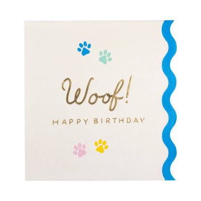 woof! happy birthday cocktail napkins - gold foil script and scalloped edge