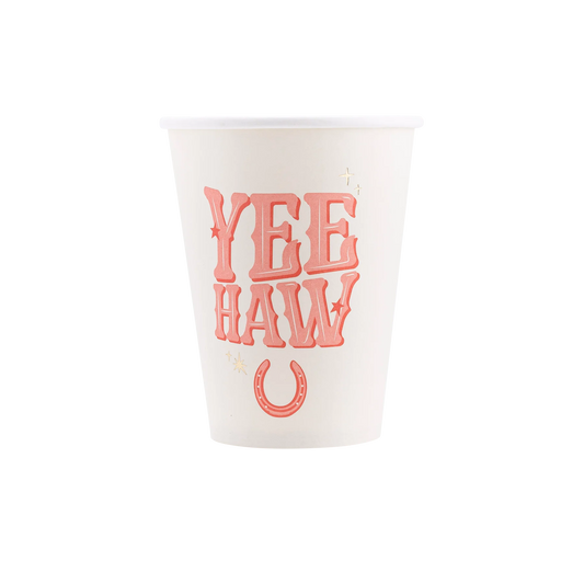 yeehaw paper cups with pink and gold details