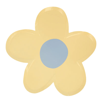 Yellow daisy plate with blue center on a white background.