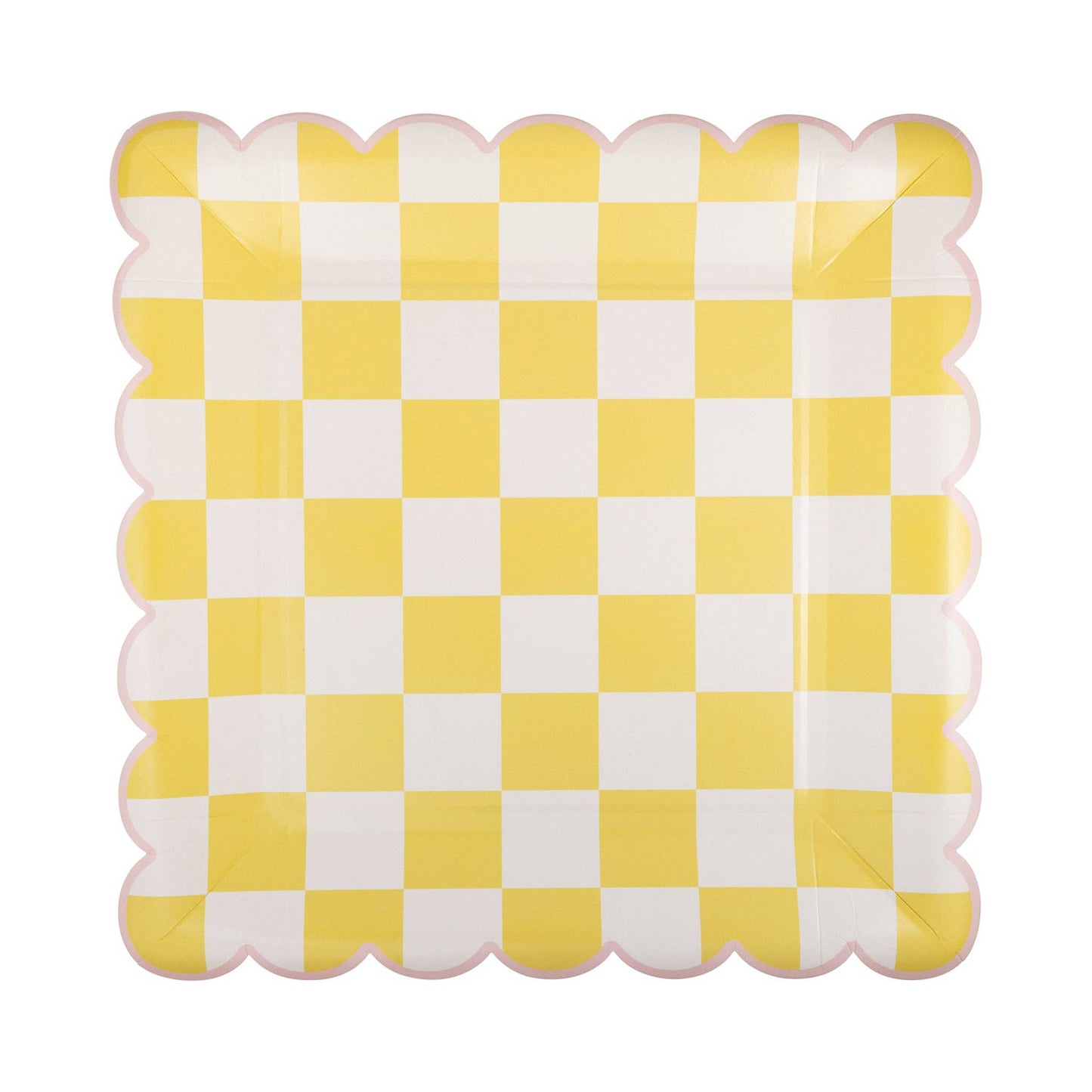 pastel yellow checkered paper plate with pink boarder
