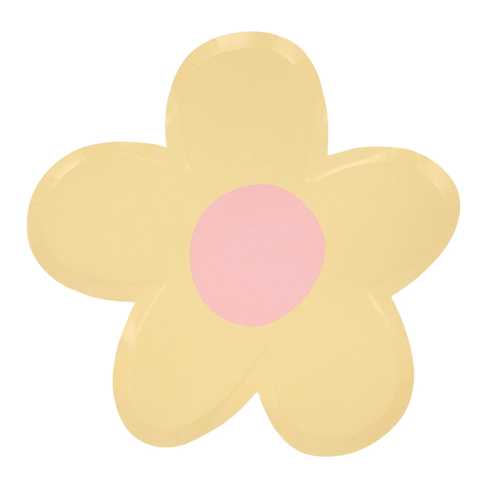 Yellow daisy plate with pink center on a white background.