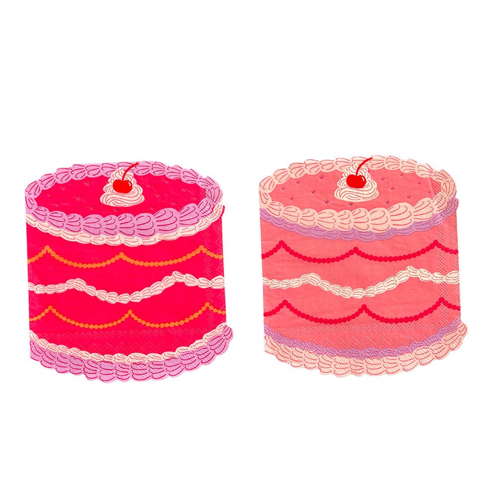 two die cut vintage style cake napkins in shades of pink, red and lilac