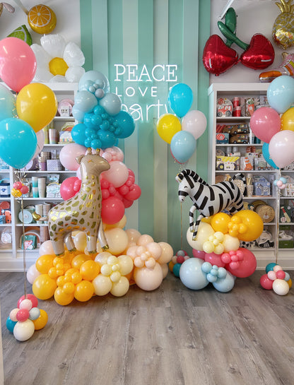 zebra and giraffe colourful balloon garland and latex balloon bundles