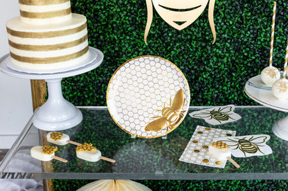 white with gold bees print dessert plates by jollity & co