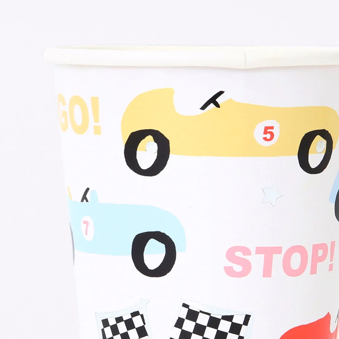 up close shot on race car party cups